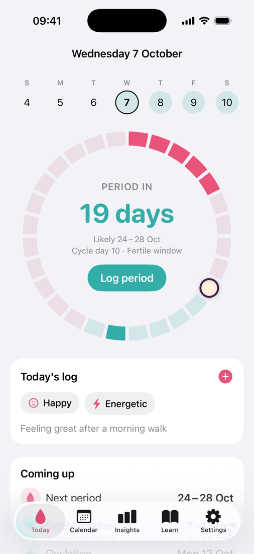 Today screen with the days until the next period.